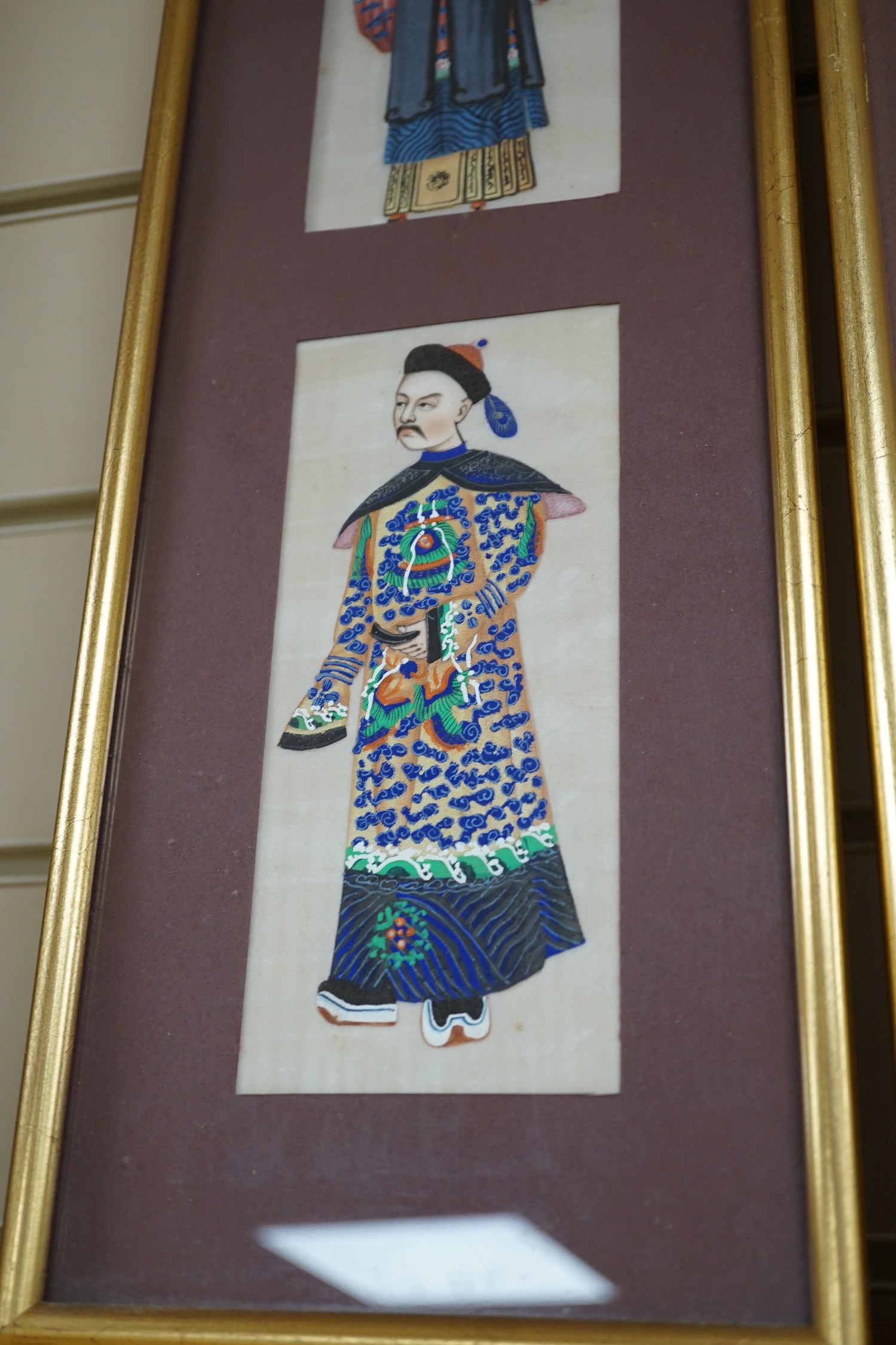 19th century Chinese School, four gouache on pith paper, Studies of noble men, largest 20 x 8.5cm, framed as two